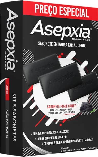 Kit Asepxia Sabonete Em Barra Facial Detox Com Carvão Ativado Antiacne Para Pele Oleosa, Limpeza Profunda E Controle Da Oleosidade, Purifica E Remove Cravos, 80g, 3-Pack