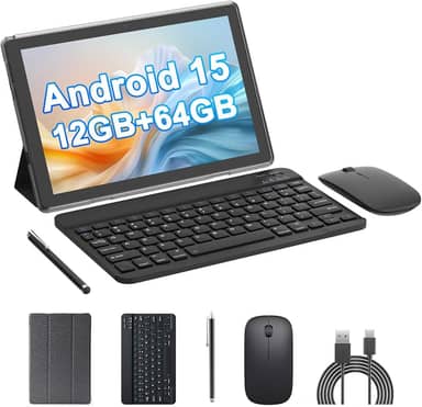 Tablet Android 15 de 10 polegadas, 12 (4 + 8 expansão) GB de RAM + 64 GB de ROM, câmera dupla de 2 + 8 MP, bateria de 6000 mAh (tablet + estojo + caneta stylus + beyboard + mouse) (preto)