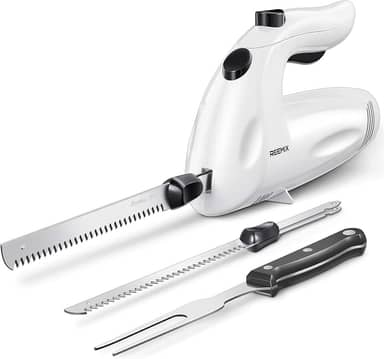 Reemix Faca de entalhe elétrica, conjunto de facas elétricas potentes de 150 W para uso multiuso, operação com um toque, para esculpir carnes, aves, pão, 2 lâminas de entalhe e 1 garfo de servir