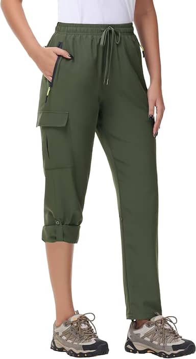 Calça cargo feminina de caminhada de secagem rápida, leve, resistente à água, FPS 50, com bolsos com zíper