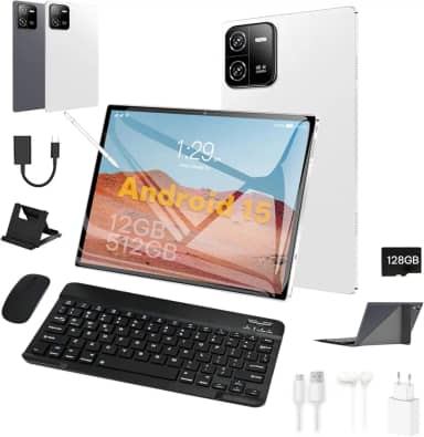 3 em 1 Tablet, com Capa/Teclado/Mouse, 10.1 Polegada, 1920×1200 Tela, 1920x1200 Tela Processador Octa-Core, 12GB RAM+512GB ROM, Câmera de 16MP + 32MP, Android 15, 10000mAh, Versão WiFi (branco)