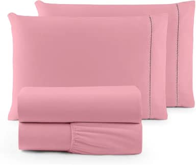 Jogo de Lençol SOLTEIRO 3 Peças 400 Fios Lençol de Cima Ponto Palito Toque de Pessego Lençol com Elastico e Com Fronha (ROSE, SOLTEIRO 3 PEÇAS)