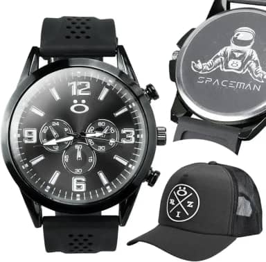 Relogio Masculino Preto Analogico Esportivo Silicone Conforto + Bone Redinha Ajustavel Qualidade Premium Casual Social Kit Presente Moderno Minimalista