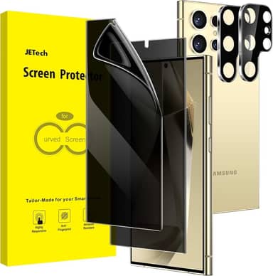 JETech Película Protetor de Tela Privacidade para Samsung Galaxy S24 Ultra 5G 6,8 Polegadas com Protetor Lente Câmera, TPU Flexível Anti-Espião, Compatível com Fingerprint Unlock, 2 Pacotes Cada