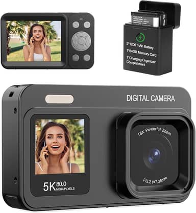 Câmera digital de tela dupla 5K atualizada, câmera fotográfica Vlog de 80 MP para YouTube, campus, viagens, câmera compacta de apontar e fotografar para adolescentes e iniciantes com foco automático