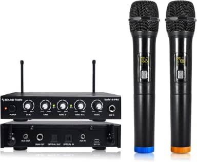 Sound Town Sistema de mixer de Karaokê com microfone sem fio de 16 canais com microfones ópticos (Toslink), AUX e 2 portáteis - Suporta Smart TV, Home Theater, barra de som (SWM16-PRO)