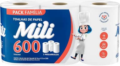 Papel Toalha Mili Folha Dupla, 600 Folhas (3 Rolos de 200 Folhas) – Alta Absorção, Máximo Rendimento e Resistência Multiuso para Cozinha