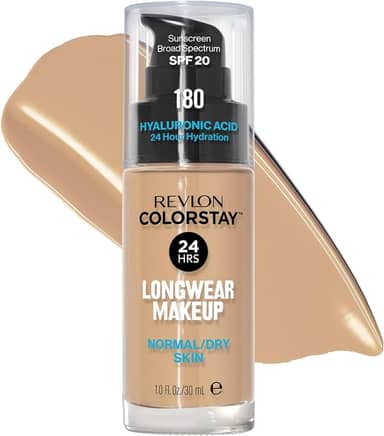 REVLON Base Líquida, Colorstay Face Makeup Para Pele Normal E Seca, Fps 20, Cobertura Média-Total De Longa Duração Com Acabamento Natural, Sem Óleo, 180 Sand Beige, 1 Fl Oz