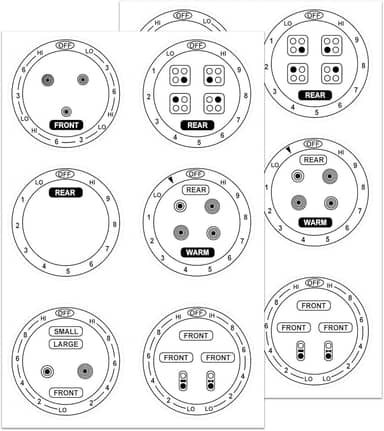 12 peças de adesivos de mostradores de fogão para queimador, fogão, fogão superior, forno, substituição, botão adesivo, símbolos, kit de manípulos elétricos para identificar os queimadores (preto)