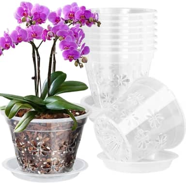 Pote de orquídea, pacote com 8 potes de orquídea de 18 cm com furos e pires, vaso de plástico transparente para repotting, vasos de ventilação respirável para orquídeas Phalaenopsis