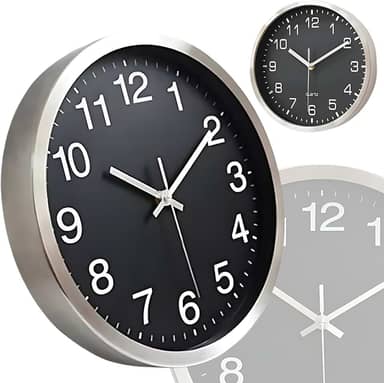 Relógio de Parede Silencioso Prata em Alumínio Decorativo Minimalista Moderno Cozinha Quarto Sala Escritório Redondo Fundo Preto Ponteiro Segundos Contínuo Aço Escovado