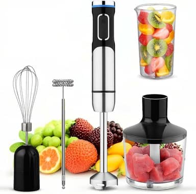 Mixer portátil 5 em 1, Ajuste de 8 velocidades, Com triturador, 304 lâmina de aço inoxidável, batedor de ovos, borbulhador e copo de medição, Adequado para sopas, smoothies e purés