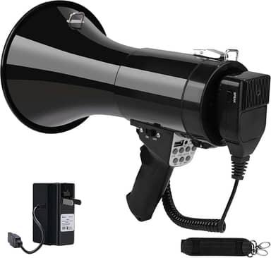 Megafone Bullhorn Bluetooth 50W com bateria recarregável - Mega telefone profissional com sirene e gravação 240s suporta USB/TF/entrada auxiliar de 3,5 mm - alcance de 1600 metros para atividades