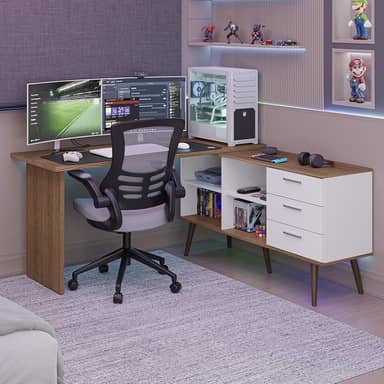 Mesa para Computador Gamer em L 3 Gavetas Branco/rustic Lisboa Madesa