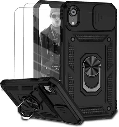 Capa para iPhone XR Capinha | com 2 peças de protetor de tela temperado com janela deslizante da câmera e suporte para telefone incluídos - Preto