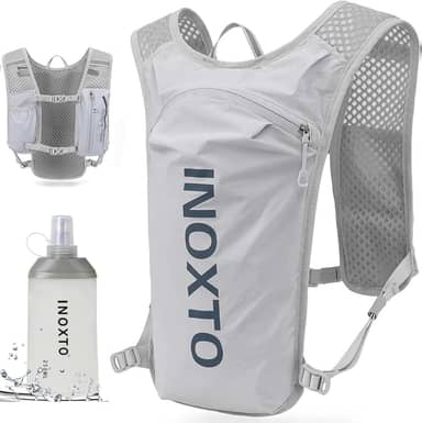 INOXTO Colete De Hidratação Para Corrida, Mochila Leve Com Isolamento Térmico E Garrafa Térmica Macia De 250 Ml, Mochila Para Caminhadas, Trilhas, Ciclismo, Maratona Para Mulheres E Homens (Cinza, P