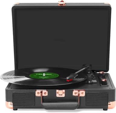 ANVAR VEDO Toca-Discos Portátil com Bluetooth, Alto-Falante, 3 Velocidades (33/45/78 RPM), Design Retrô de Maleta, Compatível com LPs 7/10/12", Controle de Graves, AUX, RCA Parada Automática 110V/220V