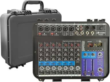 VEDO Mixer de áudio profissional portátil de 8 canais com dois amplificadores de 150 W, Bluetooth 5.0, fonte de alimentação de 48 V e porta USB para PC/MP3 para apresentações ao vivo e conferências