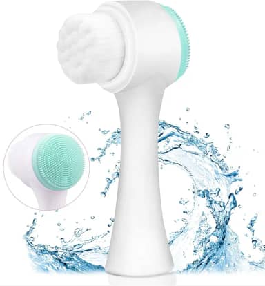 Escova de limpeza facial manual, escova facial 2 em 1 para cuidados com a pele, esfregão facial de silicone, escova manual de lavagem dupla para esfoliação profunda dos poros e massagem (azul)