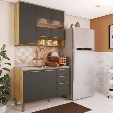 Cozinha Modulada Compacta 2 Peças 6 Portas 2 Gavetas sem Tampo com Vidro Reflecta 100% Mdf Itália Es Amêndoa/Chumbo