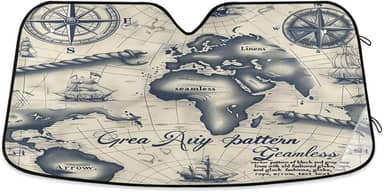Mapa do mundo vintage pára-brisa de carro protetor de viseira frontal dobrável para carro, SUV, caminhão - Mantenha o veículo fresco, 133 x 23,5 polegadas