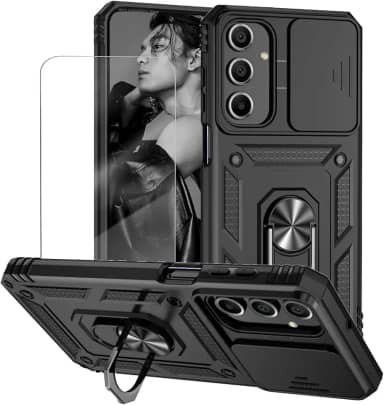 Capa para Samsung Galaxy A55 Capinha | com 2 peças de protetor de tela temperado com janela deslizante da câmera e suporte para telefone incluídos - Preto