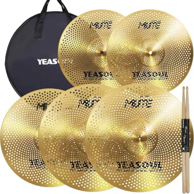 Pacote de pratos, conjunto de pratos de bateria de 35,6 cm/35,6 cm/40,6 cm/45,7 cm/50,8 cm com saco de pratos para bateria (5 unidades de pacote de pratos dourados de baixo volume com saco)