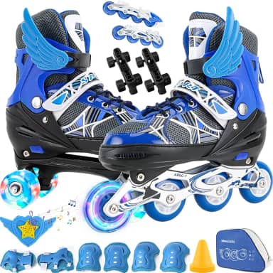 2 Em1 Patins Infantil Ajustável, Patins 4 Rodas, Patins Quad, Patins Infantil Menina, Ajustável com Bolsa e Kit Proteção, Para meninas, meninos e iniciante (Azul）M (33-37))