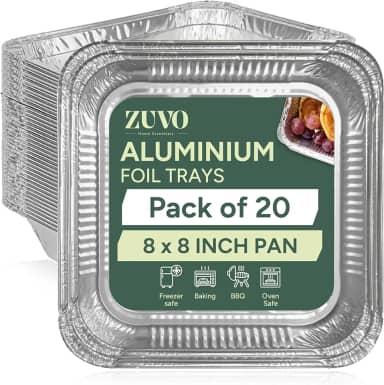 Zuvo Formas de alumínio de 20 x 20 cm (pacote com 20 - sem tampas) – Assadeiras descartáveis fortes para cozinhar, assar, congelar e preparar refeições