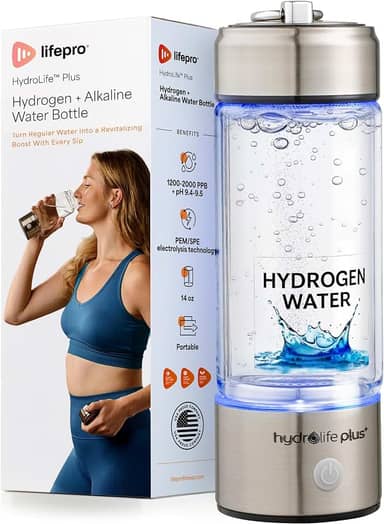 LifePro Gerador de garrafa de água HydroLife Plus alcalina + hidrogênio – Tecnologia SPE/PEM com filtro ionizador de água – Garrafa de vidro recarregável portátil para bem-estar diário – Capacidade de