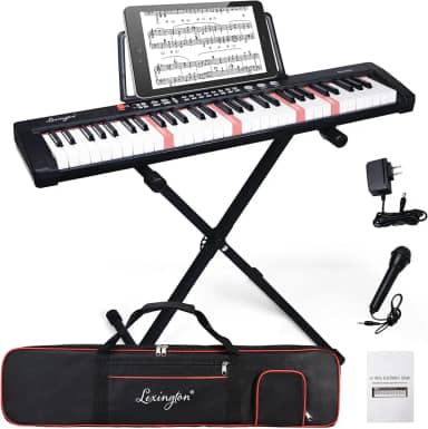 Lexington Teclado de piano com 61 teclas, conjunto completo de teclado de piano eletrônico para iniciantes e adultos, teclado de música portátil com teclas iluminadas, modos de ensino, suporte, estojo