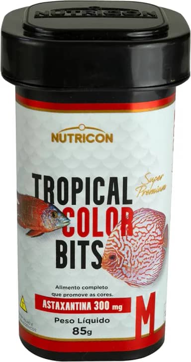 Nutricon: Tropical Color Bits M 85g | Alimento Extrusado para Peixes Tropicais | Realce de Cor com 300mg de Astaxantina, Proteína de Inseto e Minerais Biodisponíveis