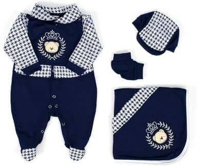 Saída Maternidade Para Bebê Menino Príncipe Urso Azul Marinho 04 Peças