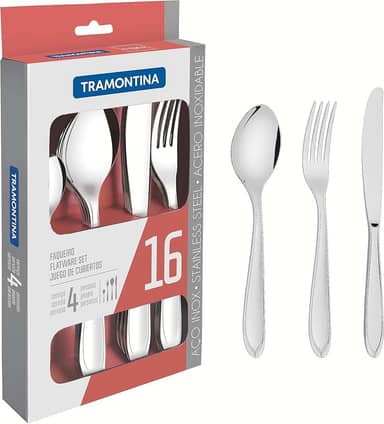 Faqueiro Tramontina Laguna em Aço Inox com Facas de Mesa Acabamento em Brilho com Detalhes no Cabo 16 Peças