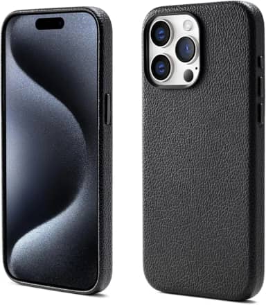Capinha Premium de Couro Anti Impacto – Compatível com Modelos de iPhone (Carregamento Sem Fio Magnético)，À Prova d’Água e Poeira, Botões de Metal e Proteção da Câmera (preto, iPhone 14 Pro)