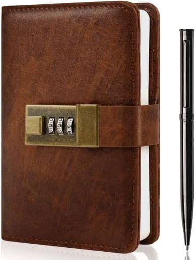 WEMATE Diário com cadeado, diário com cadeado 192 páginas, caderno com senha, caneta e caixa de presente - perfeito para homens e mulheres - 11 x 15,7 cm marrom mantenha seus segredos seguros