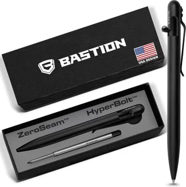 BASTION Caneta Slim Bolt Action com estojo de presente - Aço inoxidável preto - Caneta de metal fina retrátil leve e discreta - Bolso de escritório recarregável de tinta Canetas esferográficas EDC para escrita