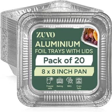 Zuvo Formas de alumínio de 20 x 20 cm (pacote com 20 - com tampas) – Assadeiras descartáveis fortes para cozinhar, assar, congelar e preparar refeições