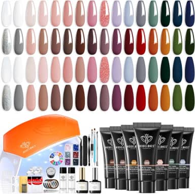 Modelones Kit de unhas de gel Poly com 133 peças, 32 cores em tons terrosos, kit completo para extensão de unhas de gel com lâmpada de 8W, solução de deslizamento, ferramentas para iniciantes em salão de beleza