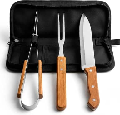 Kit Churrasco 3 Peças com Estojo – Faca, Garfo e Pegador em Aço Inox e Cabo de Madeira, Conjunto para Churrasqueiro, Uso Doméstico e Camping – Resistente e Portátil