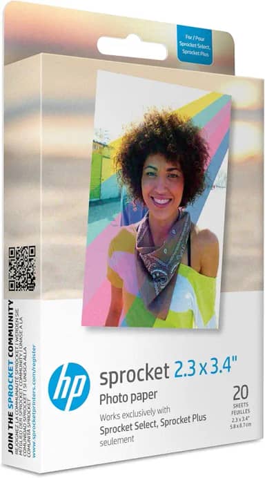 HP Sprocket — Papel fotográfico premium Zink Sticky Back (20 folhas), compatível com impressoras HP Sprocket Select e Plus.