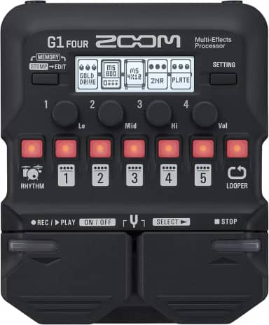 Pedal processador multiefeitos para guitarra Zoom G1 Four, com mais de 60 efeitos embutidos, modelagem de amplificador, e mais