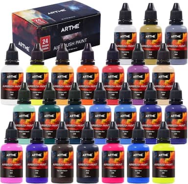 ARTME Tinta para aerógrafo, conjunto de tinta para aerógrafo de 24 cores inclui cores metálicas e neon, tinta acrílica opaca e à base de água, kit de tinta aerógrafo de couro e sapatos para artistas, iniciantes e estudantes