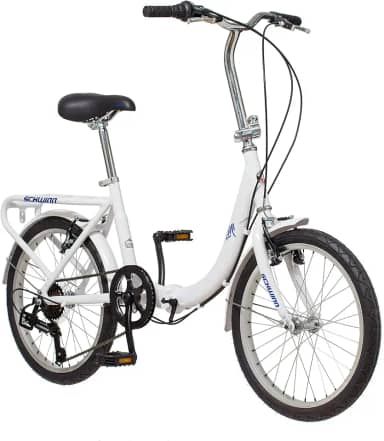 Schwinn Bicicleta dobrável, preta, titânio ou branca, bicicleta de 50 cm para adultos e crianças, 7 velocidades, estrutura dobrável de alumínio leve, suporte traseiro integrado, freios lineares