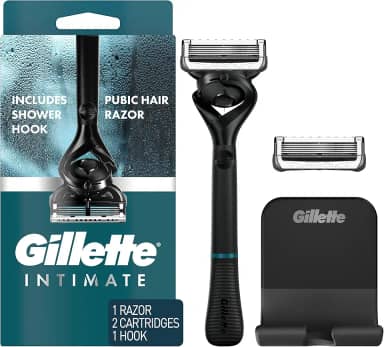 Gillette Navalha íntima para homens, barbeadores pubianos masculinos para paisagem, suave e fácil de usar, projetado para pelos pubianos, 1 alça, 2 refis de lâmina