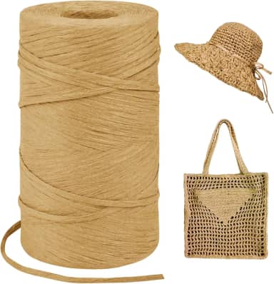 Fio leve de ráfia de café para sacos de crochê, fio de fita de papel ráfia de cordão plano de 3 mm x 328 jardas para embrulho de presente, chapéu de sol de crochê, bolsa, artesanato DIY