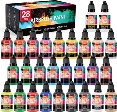 ESRICH Tinta para aerógrafo, 26 cores (28,3 g) com 2 mais finas, conjunto de pintura com pincel de ar pronto para pulverizar, tinta acrílica de ar, conjunto de tinta acrílica à base de água para