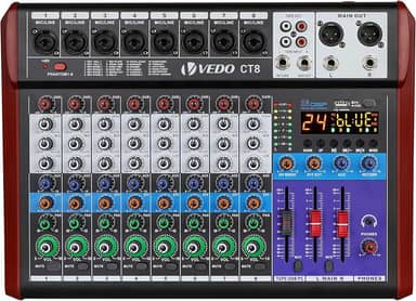 VEDO Mesa de Mistura CT8 Profissional de 8 Canais com Equalizador de 3 Bandas, 24 Efeitos DSP, Bluetooth 5.0, Reprodução/Gravação USB, Alimentação Phantom 48V para Som ao Vivo, Estúdio, Karaokê