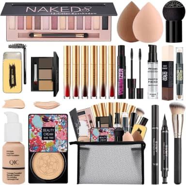 Kit completo de maquiagem para mulheres, kit completo de maquiagem de viagem, conjunto de presente para mulheres adolescentes e meninas, inclui sombra, CC, base, batom, rímel, pincel, esponja, pó para