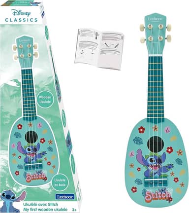Lexibook, Disney Stitch, My First Wooden Ukulele, 4 cordas de nylon, 53 cm, guia incluído, azul, K230D
